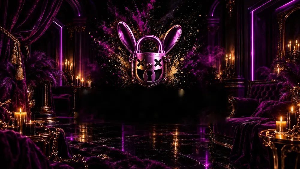 Portada de Eroscape Room: logotipo del candado con orejas de conejo en un salón de terciopelo morado