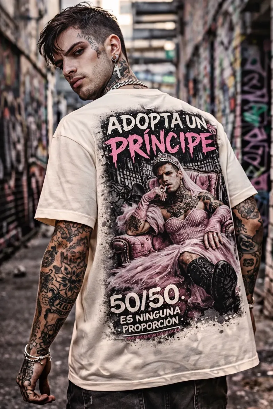 Modelo tatuado de espaldas con camiseta Adopta un príncipe